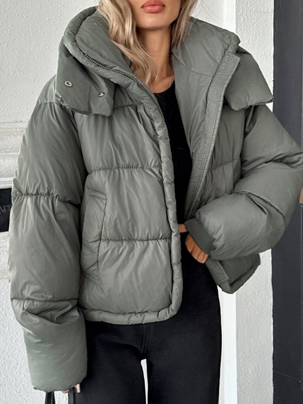 Grey Casual Women's Quilted Drop Shoulder Zip Pocket Puffer Jacket